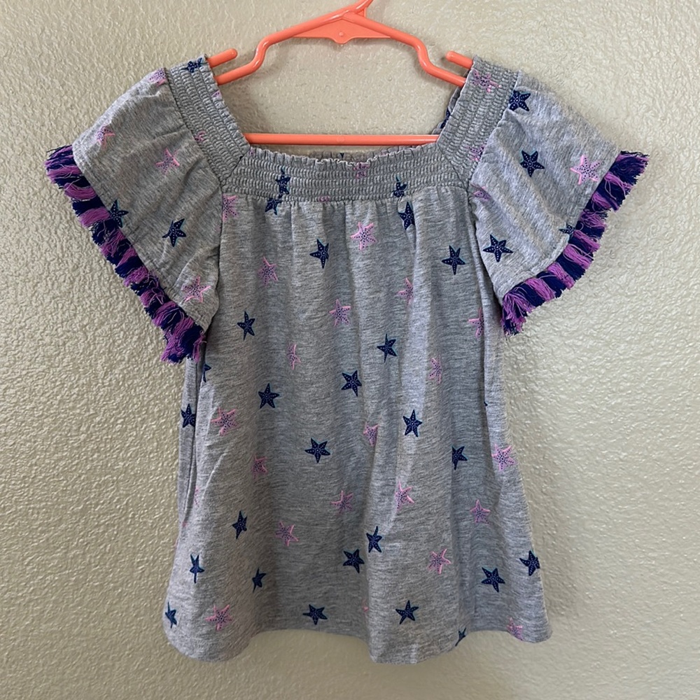 Cat & Jack Girls Gray and Purple Sea Star Fringe Sleeve Shirt Size XS (4/5)